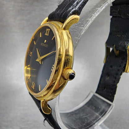 Movado Watch Women 28mm Black Dial Gold Tone Round 87.66.835 New Battery VTG