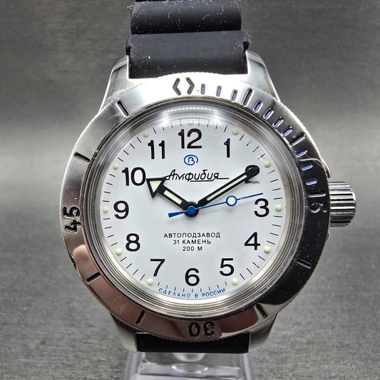 Vostok Amphibia Watch Men 40mm White Dial Silver Tone Automatic 120813 Runs0