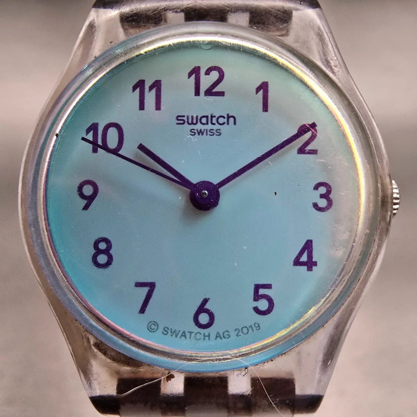 Swatch CASUAL BLUE Watch Women 25mm Blue Dial Clear Case Round LK396 New Battery1