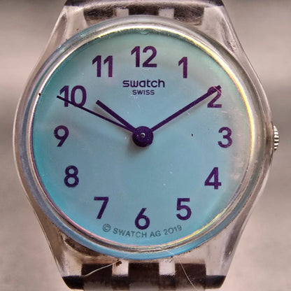 Swatch CASUAL BLUE Watch Women 25mm Blue Dial Clear Case Round LK396 New Battery1