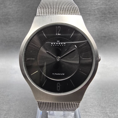 Skagen Watch Men 34mm Black Dial Titanium Round Mesh Band 233LTTM New Battery0