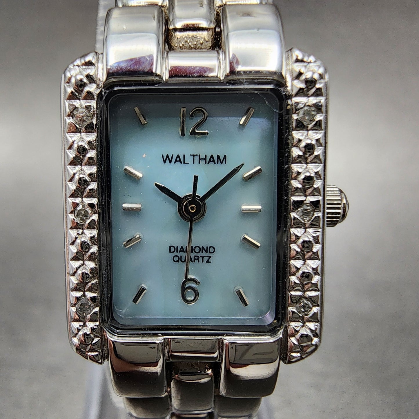 Waltham Tank Watch Women 17mm Blue MOP Dial Silver Tone Rectangle New Battery
