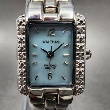 Waltham Tank Watch Women 17mm Blue MOP Dial Silver Tone Rectangle New Battery