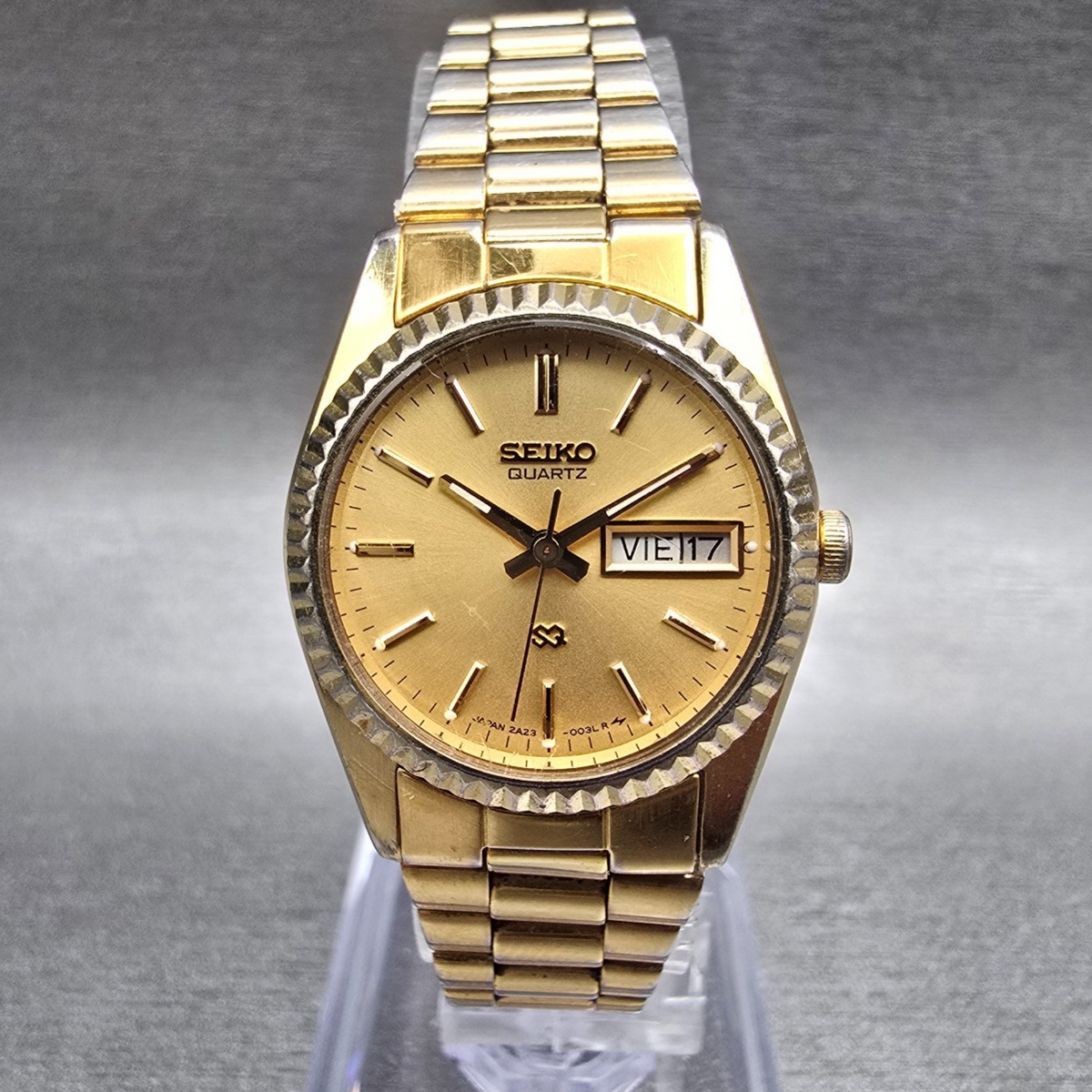 Seiko SQ Watch Women 23mm Gold Dial Gold Daydate Round 2A23-0039 New Battery JP20