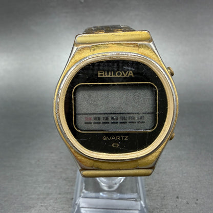 Bulova Digital Watch Men 37mm LCD Gold Tone Daydate Round Vintage N7 PARTS0