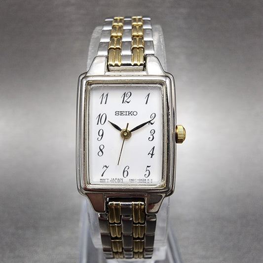 Seiko Watch Women 16mm White Dial Two Tone Rectangle 1N010FH0 New Battery0