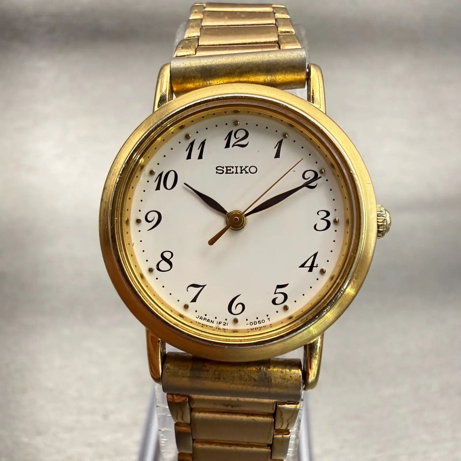 Seiko Watch Women 23mm White Dial Gold Tone Round 1F21-0C00 New Battery Vintage0