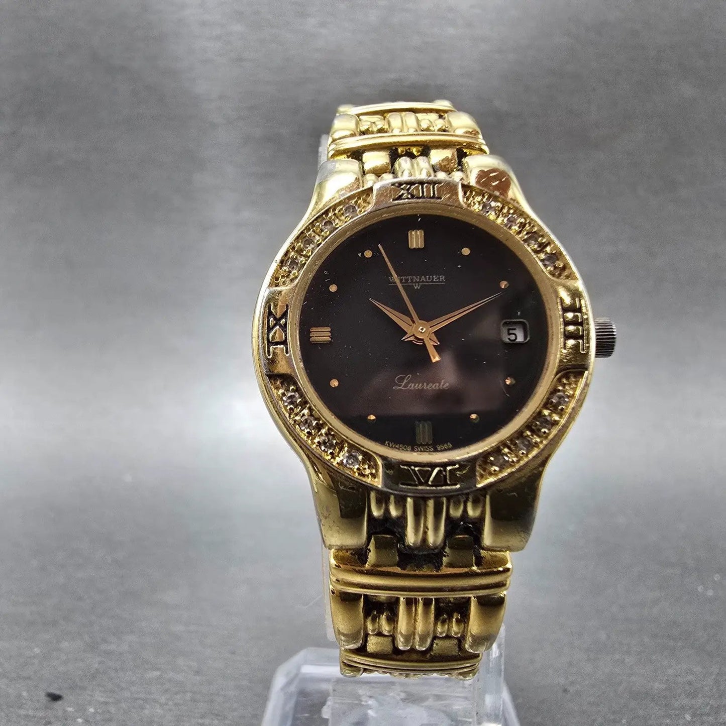Wittnauer Laureate Watch Women 25mm Black Dial Gold Tone Date Round New Battery5