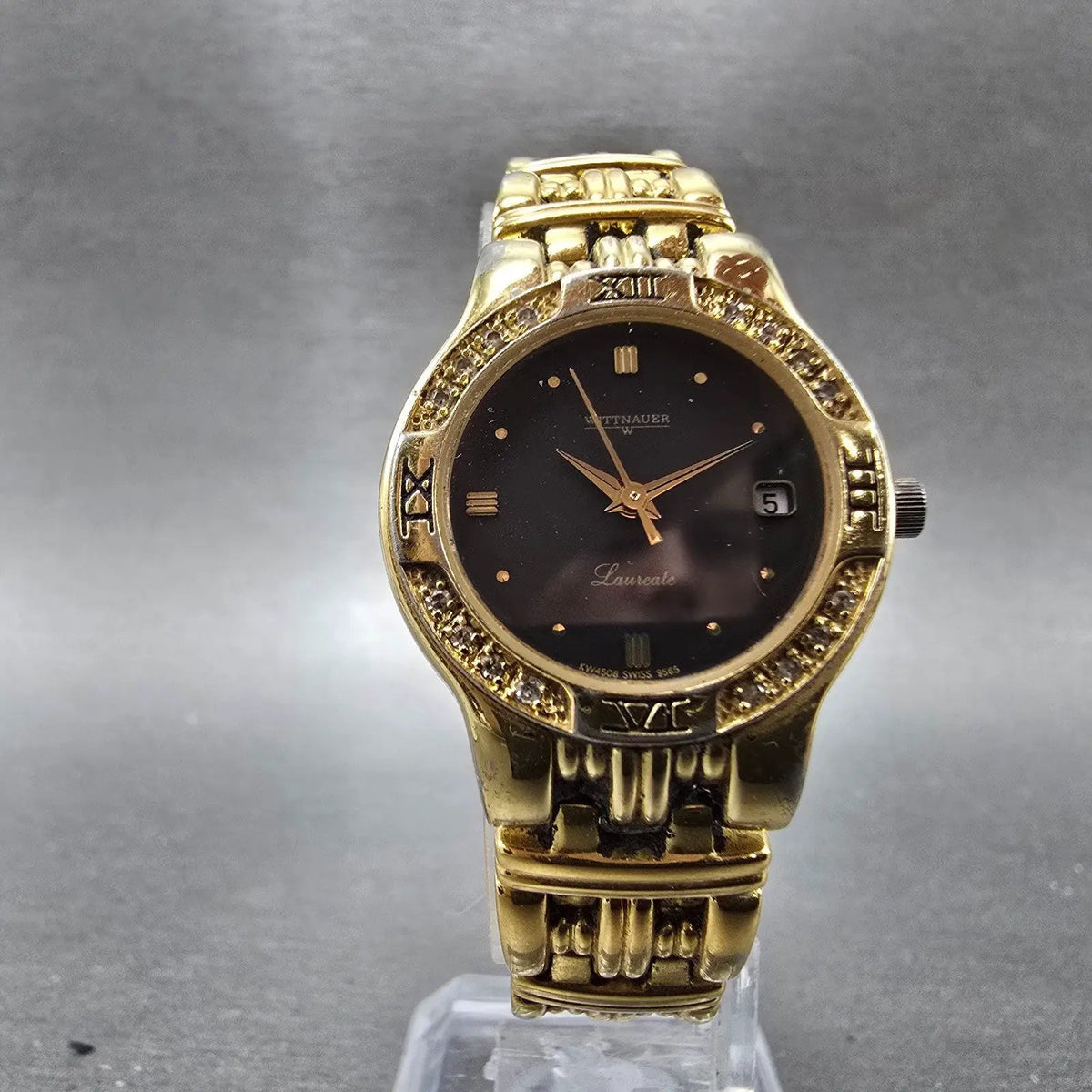 Wittnauer Laureate Watch Women 25mm Black Dial Gold Tone Date Round New Battery5