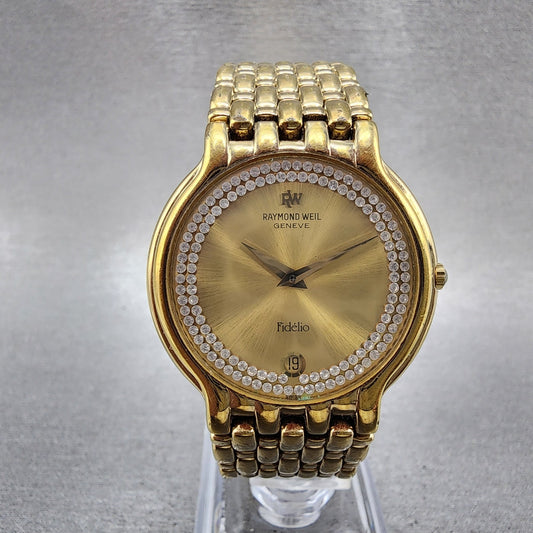 Raymond Weil Fidelio Watch Men 32mm Gold Dial Gold Plated Date 4802 New Battery0