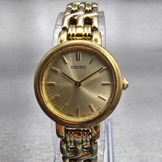 Seiko Watch Women 21mm Gold Dial Gold Tone Round 1N00-1E09 New Battery Vintage0