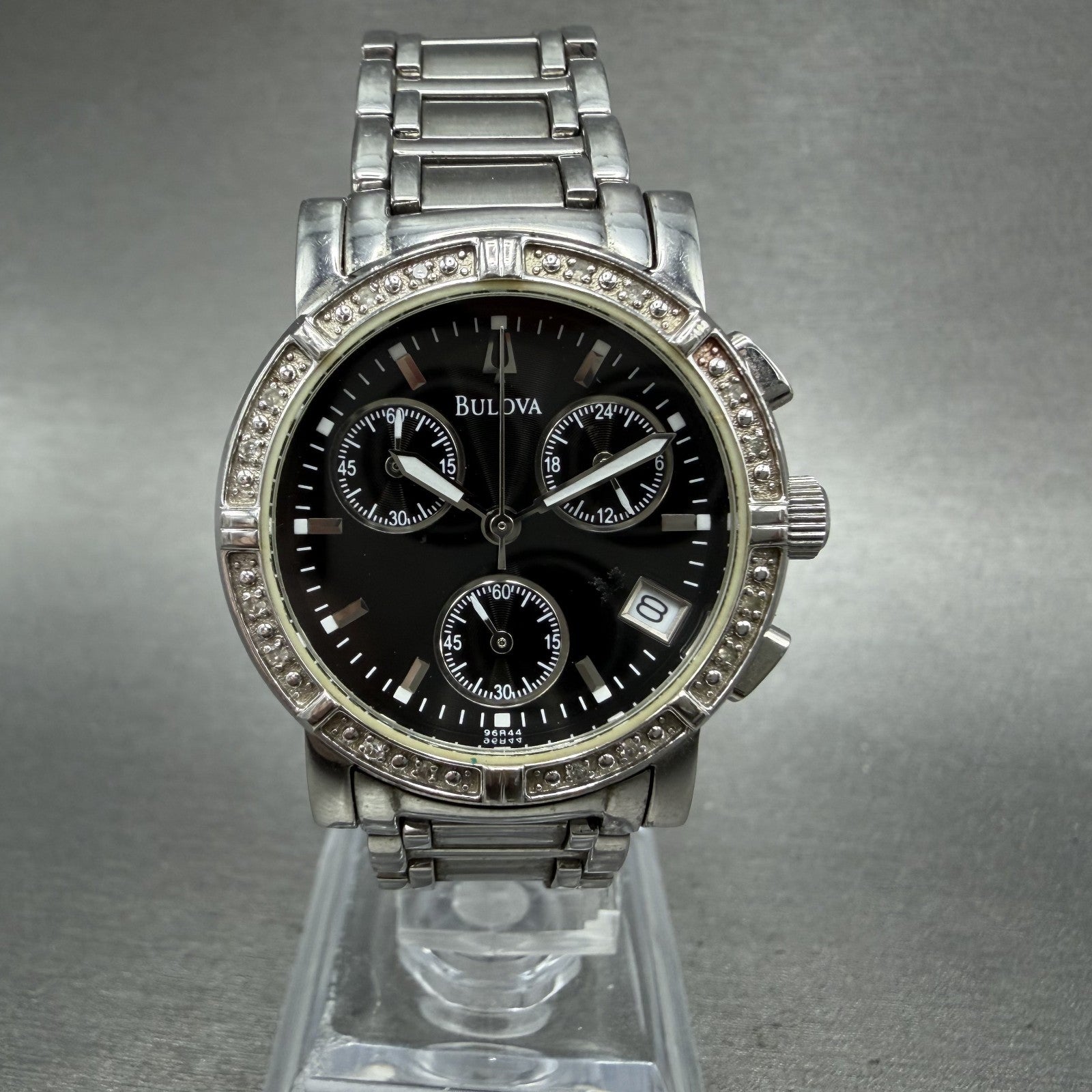 Bulova Chronograph Watch Women 30mm Black Dial Silver Tone 96R44 New Battery0