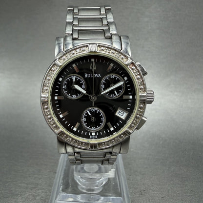 Bulova Chronograph Watch Women 30mm Black Dial Silver Tone 96R44 New Battery0