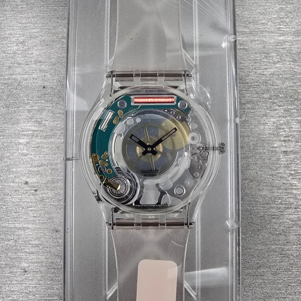 Swatch Jelly Skin Watch Men 34mm Skeleton Dial Clear Case SFK100 New Battery NOS0