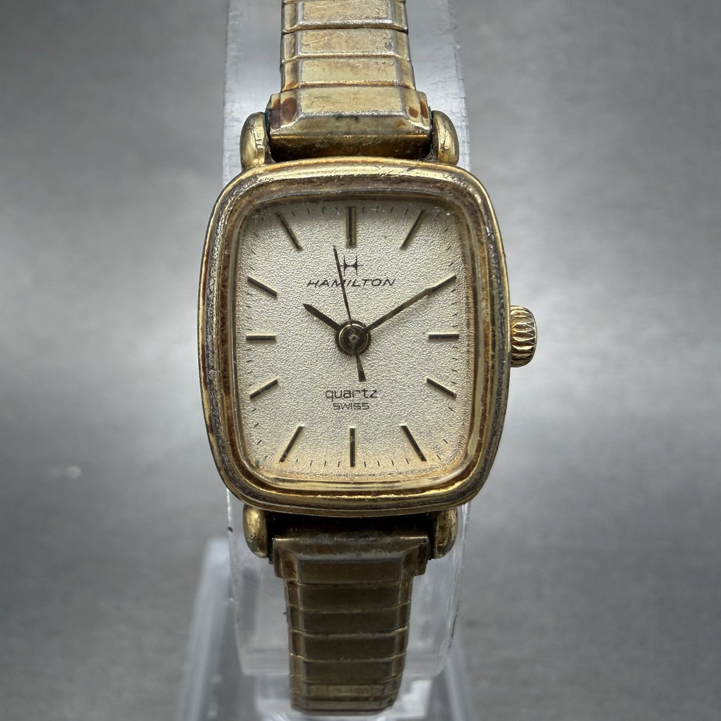 Hamilton Tank Watch Women 16mm Champagne Dial Gold Tone Rectangle 8908 New Batt0