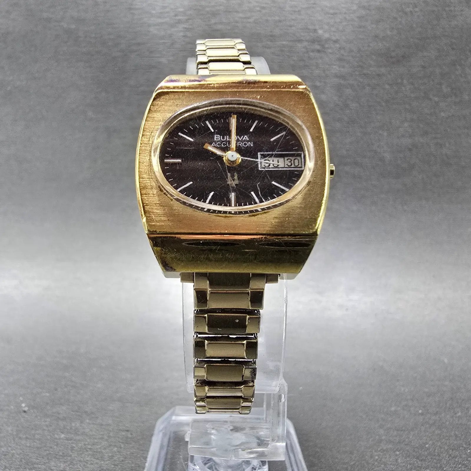 Bulova Accutron Watch Women 25mm Brown Dial Gold Plated Rectangle Daydate PARTS6