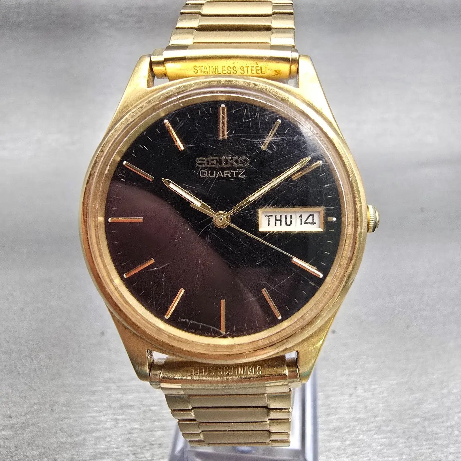 Seiko Watch Men 35mm Black Dial Gold Tone Daydate Round 7N43-8A39 New Battery0