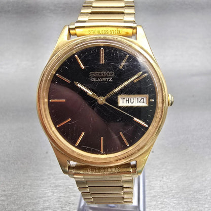 Seiko Watch Men 35mm Black Dial Gold Tone Daydate Round 7N43-8A39 New Battery0