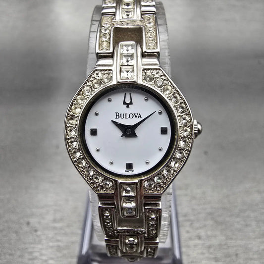 Bulova Watch Women 19mm White Dial Silver Tone Gemmed Round 96T21 New Battery0