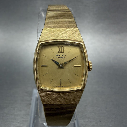 Seiko Watch Women 18mm Champagne Dial Gold Tone Rectangle 1400-8029 New Batt ABC0