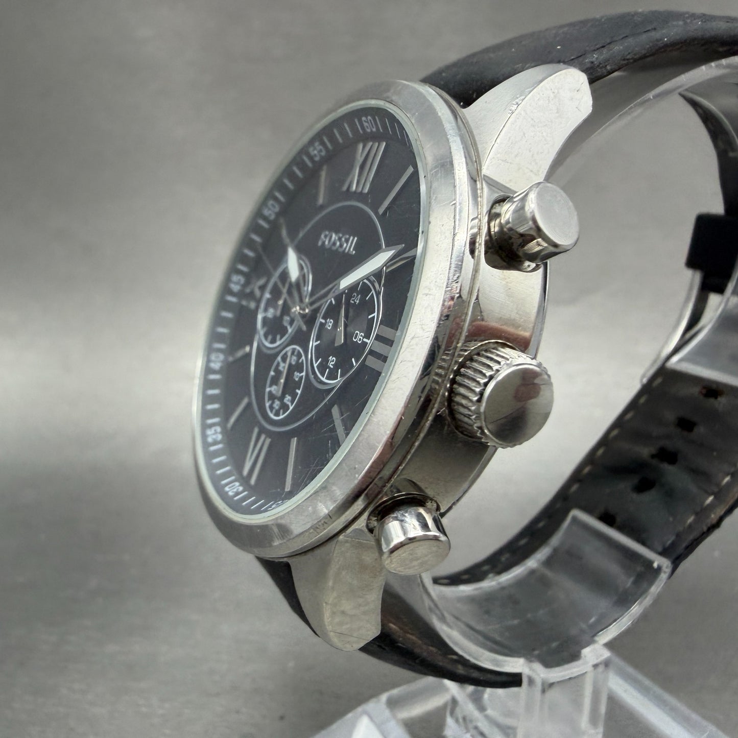 Fossil Flynn Chronograph Watch Men 48mm Black Dial Silver Tone BQ1130 NewBattery2