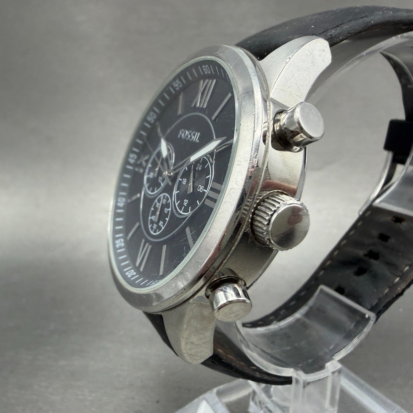 Fossil Flynn Chronograph Watch Men 48mm Black Dial Silver Tone BQ1130 NewBattery2