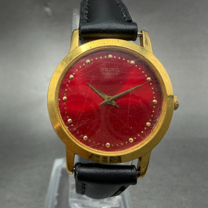 Seiko Watch Women 26mm Red Dial Gold Tone Round 1N00-0A29 New Battery Leather 560