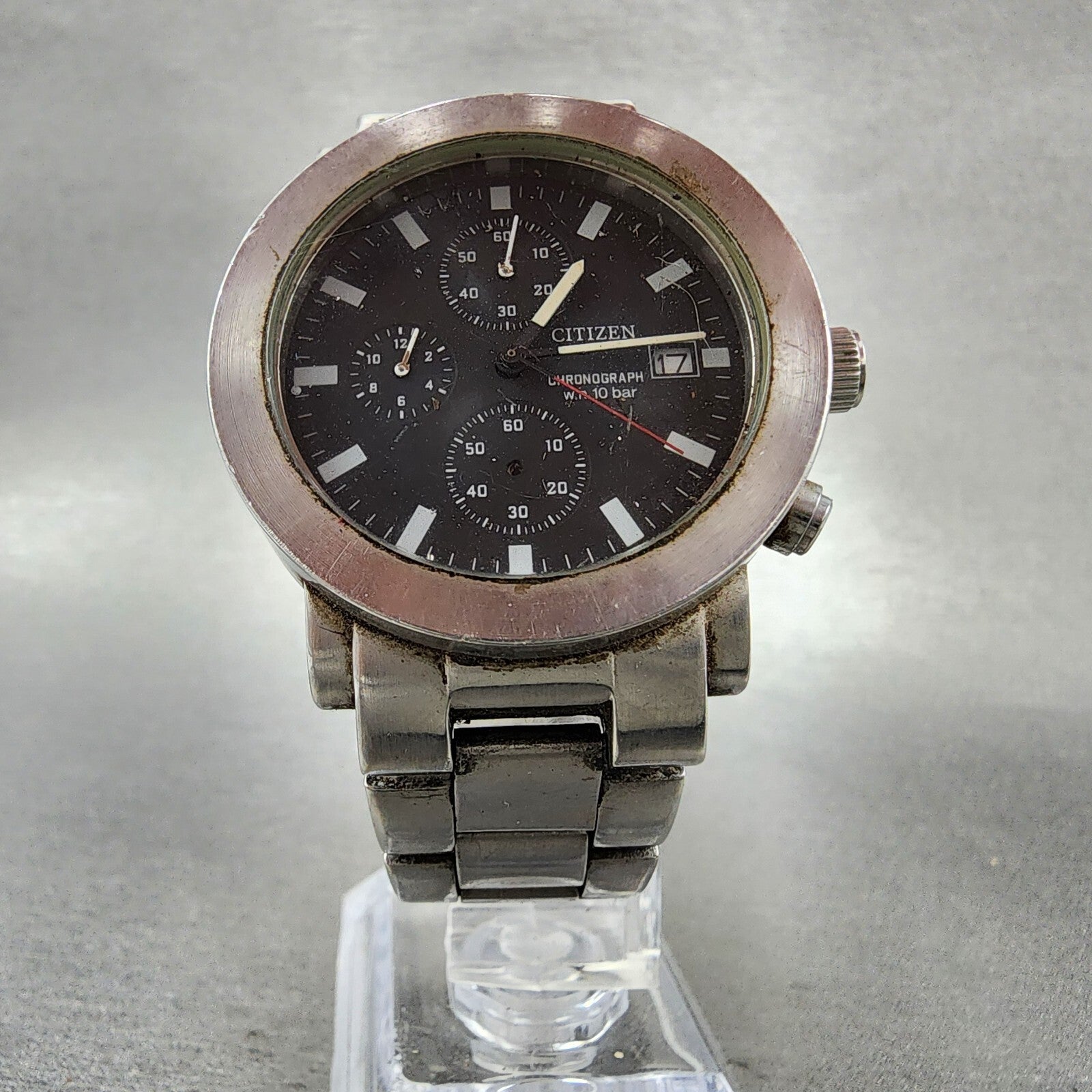 Citizen Chronograph Watch Men 37mm Black Dial Steel Date Round 0510S75438 PARTS6