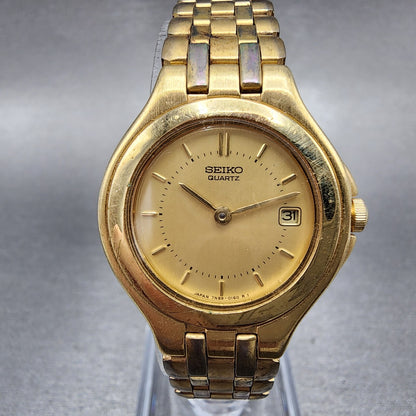 Seiko Watch Women 26mm Gold Dial Gold Tone Date Round 7N39-0050 New Battery