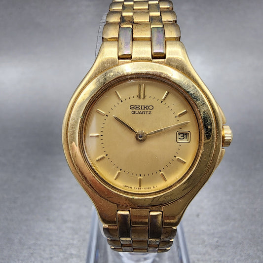 Seiko Watch Women 26mm Gold Dial Gold Tone Date Round 7N39-0050 New Battery