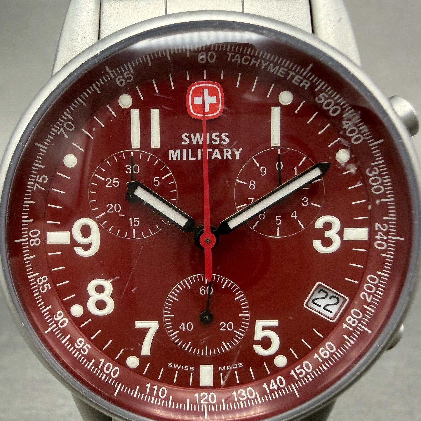 Swiss Military Chronograph Watch Men 39mm Red Dial Steel Date 536.0766 New Bat1