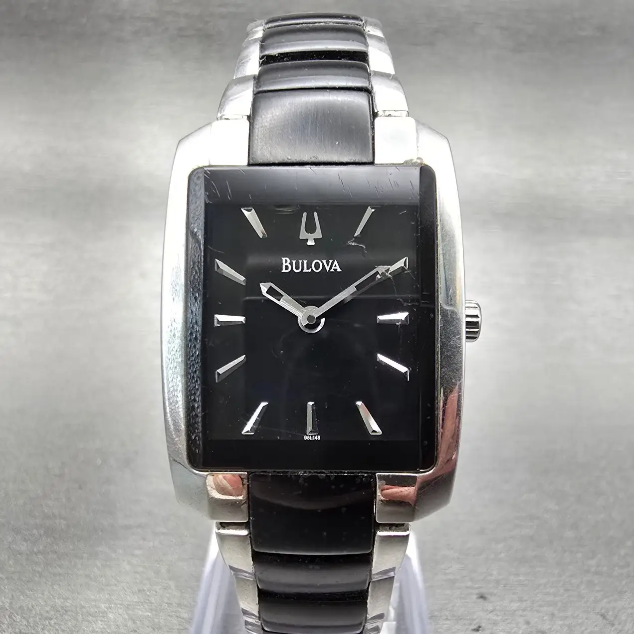 Bulova Tank Watch Men 24mm Black Dial Black & Silver Rectangle 98L148 New Batt0