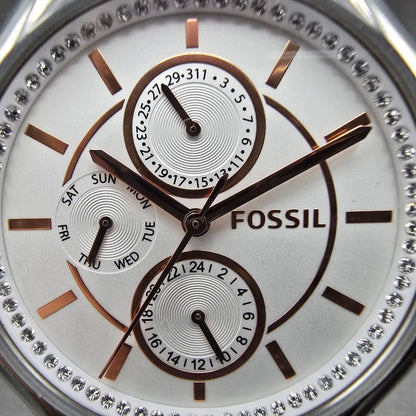 Fossil Watch Women 40mm White Dial Silver Tone Daydate Round BQ3199 New Battery1