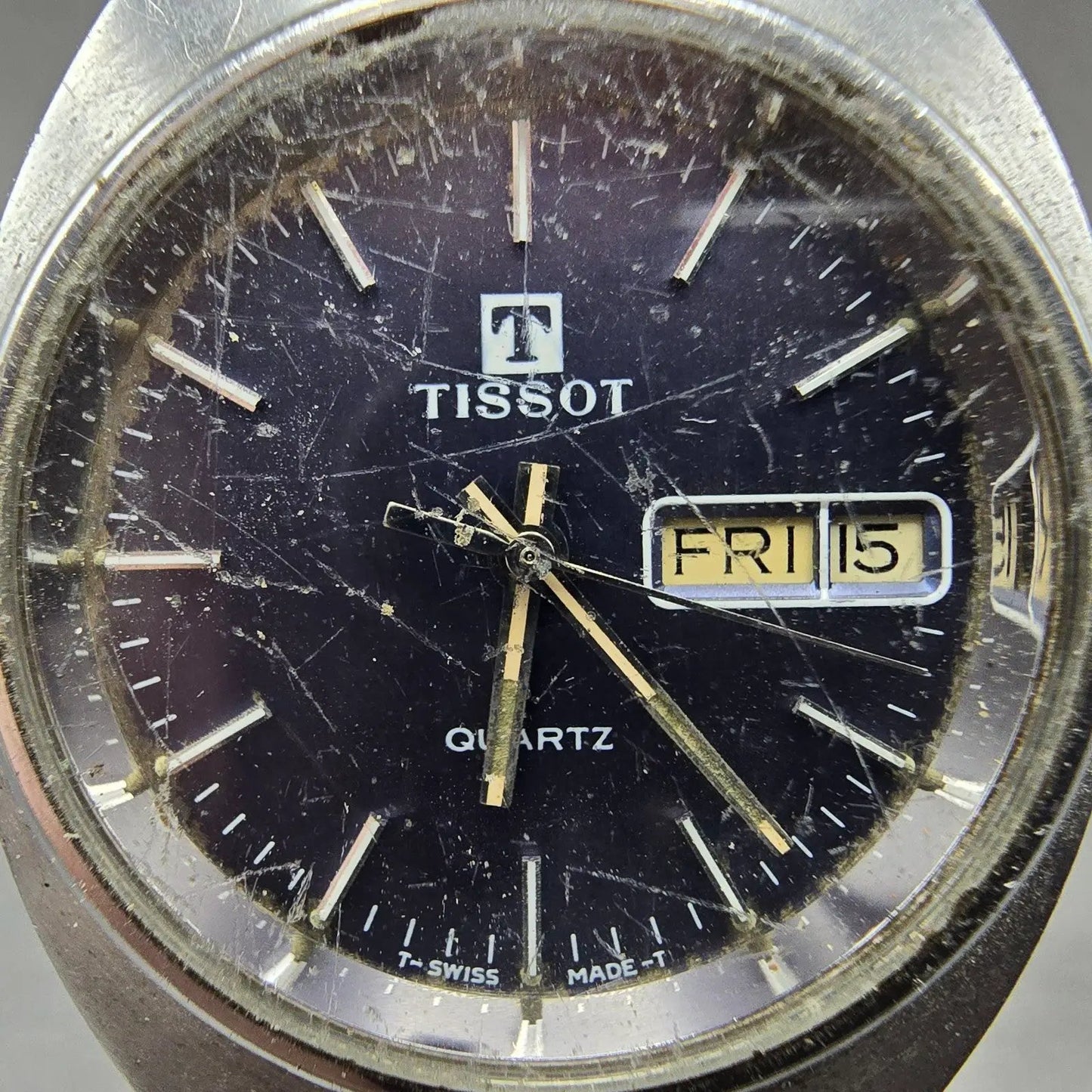 Tissot Watch Men 34mm Blue Dial Silver Tone Daydate Round Vintage Quartz PARTS F2