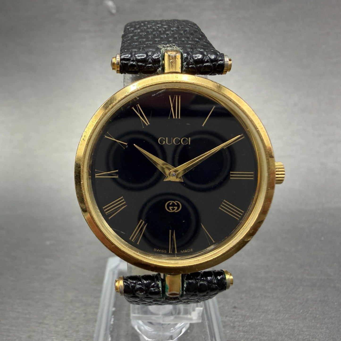 Gucci 2000M Watch Men 30mm Black Dial Gold Plated Leather Round New Battery VTG0