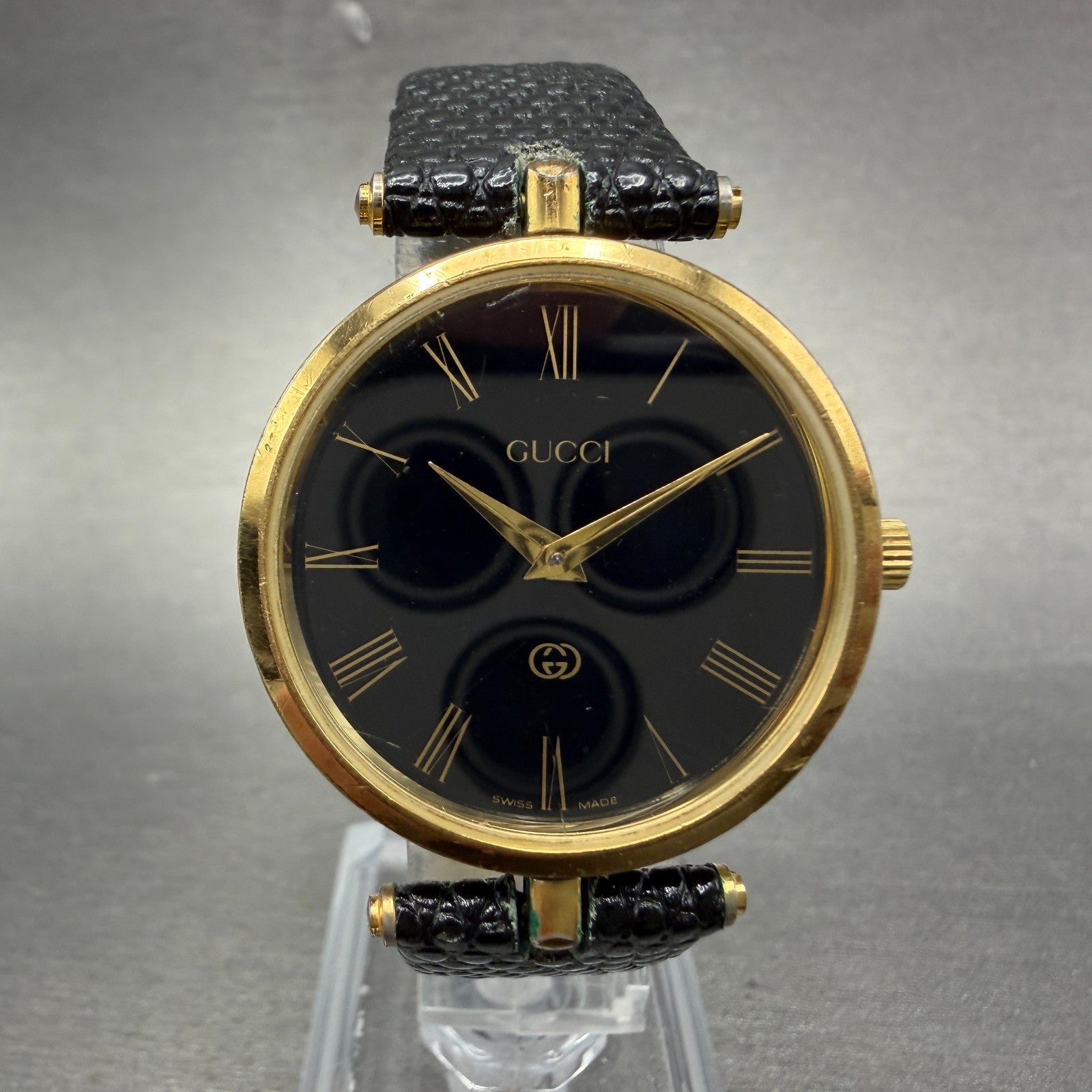 Gucci 2000M Watch Men 30mm Black Dial Gold Plated Leather Round New Battery VTG0