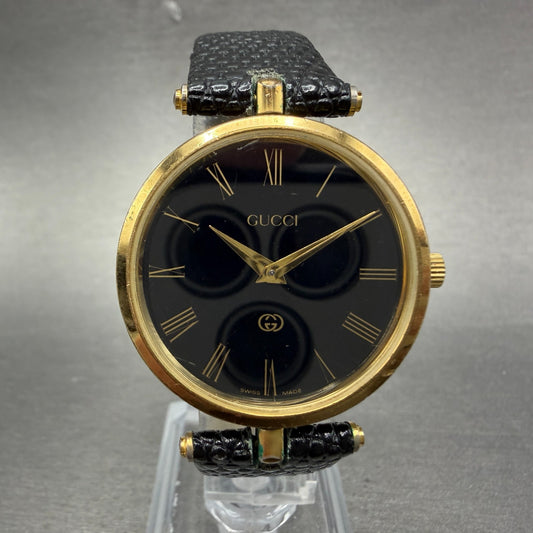 Gucci 2000M Watch Men 30mm Black Dial Gold Plated Leather Round New Battery VTG0