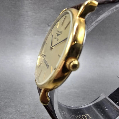 Longines Watch Men 32mm Gold Dial Gold Tone Round Leather Band New Battery VTG2
