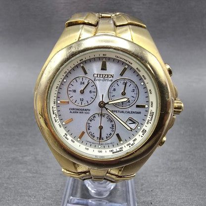 Citizen Eco-Drive Chronograph Watch Men 39mm White Dial Gold Alarm Perpetual Cal0