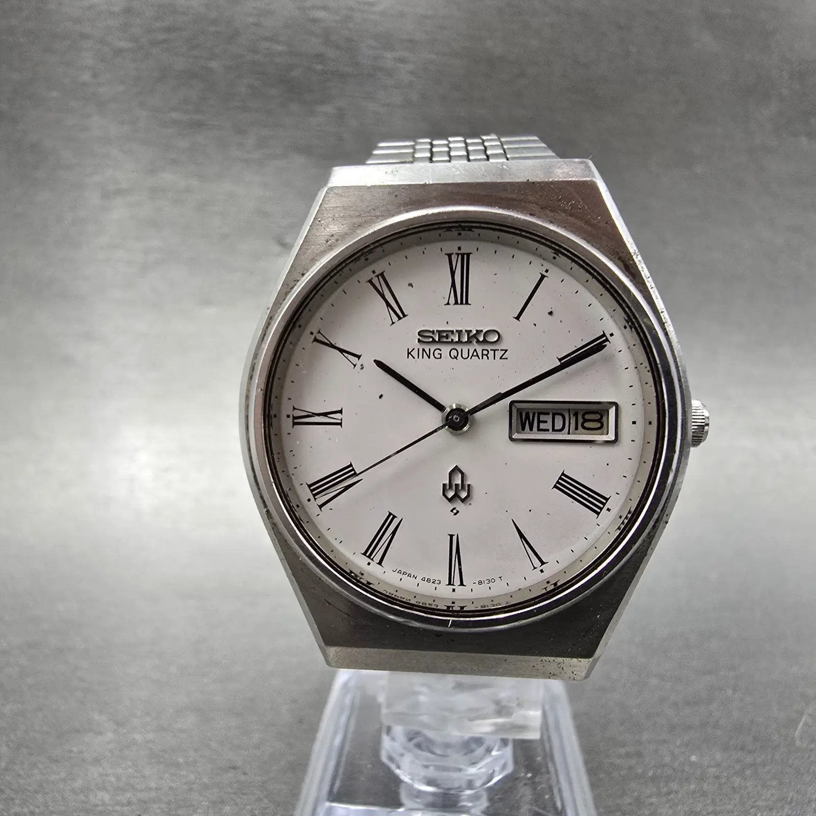 Seiko King Quartz Watch Men 36mm White Dial Silver Tone Daydate 4823-8130 PARTS6