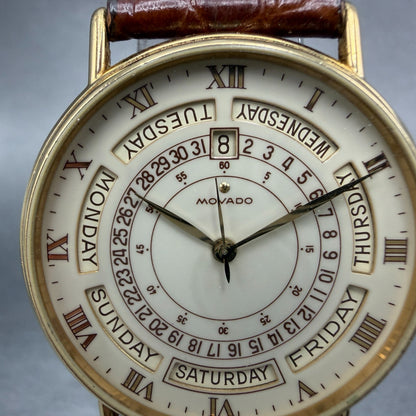 Movado Watch Men 33mm Cream Dial Gold Tone Daydate Round 87-56-885 New Battery1