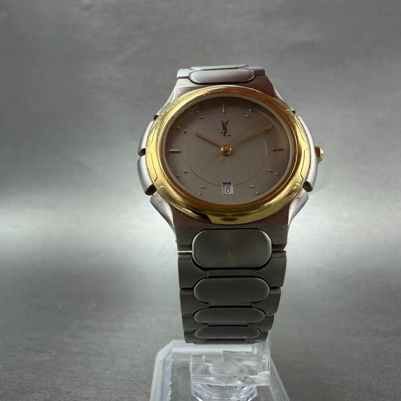 Yves Saint Laurent Watch Men 33m Silver Dial Two Tone Round New Battery5