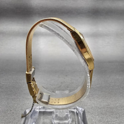 Seiko Watch Women 17mm Silver Dial Gold Tone Rectangle 2P21-5010 New Battery VTG8