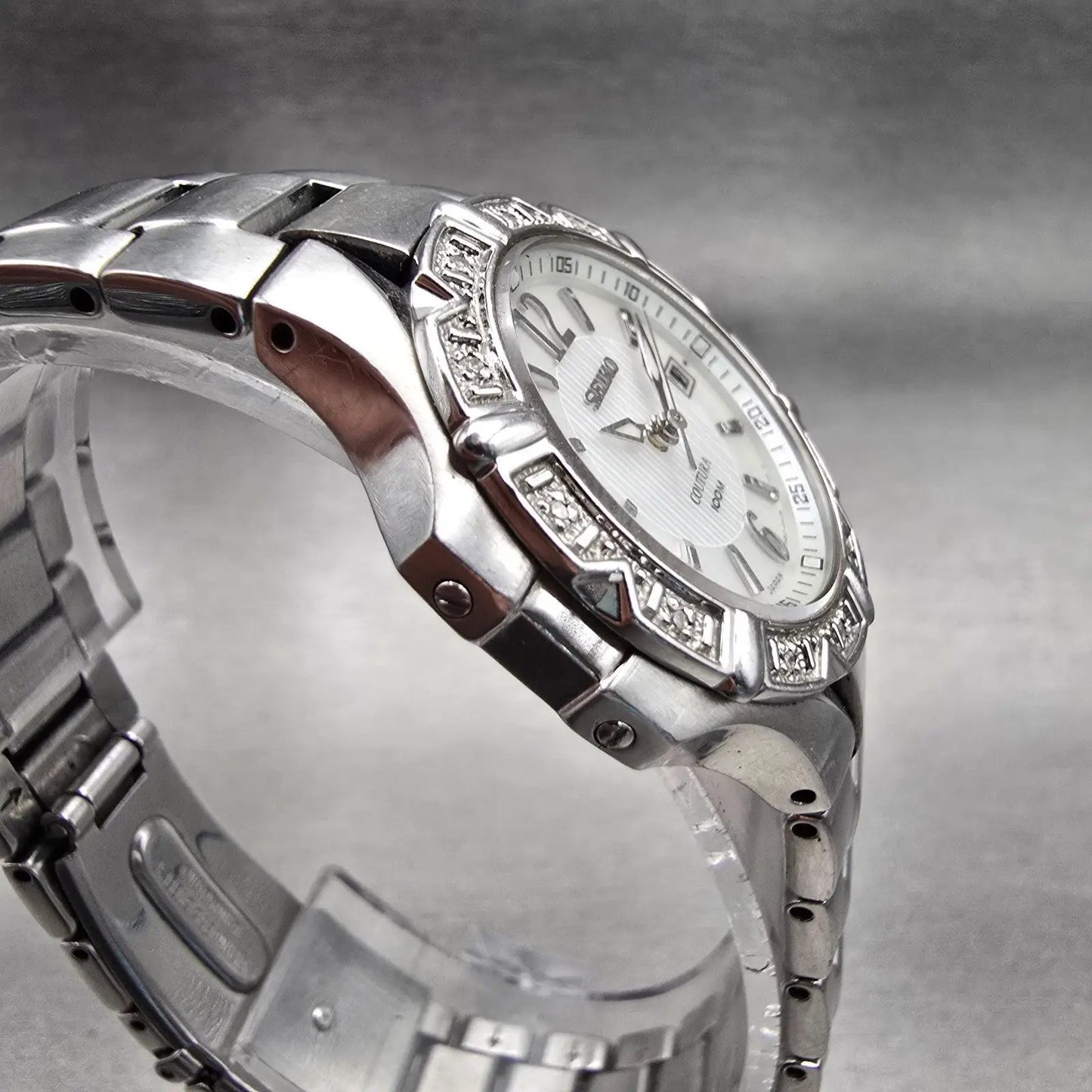 Seiko Coutura Watch Women 29mm MOP Dial Silver Tone Date Gemmed 7N82-0GD0 NewBat3