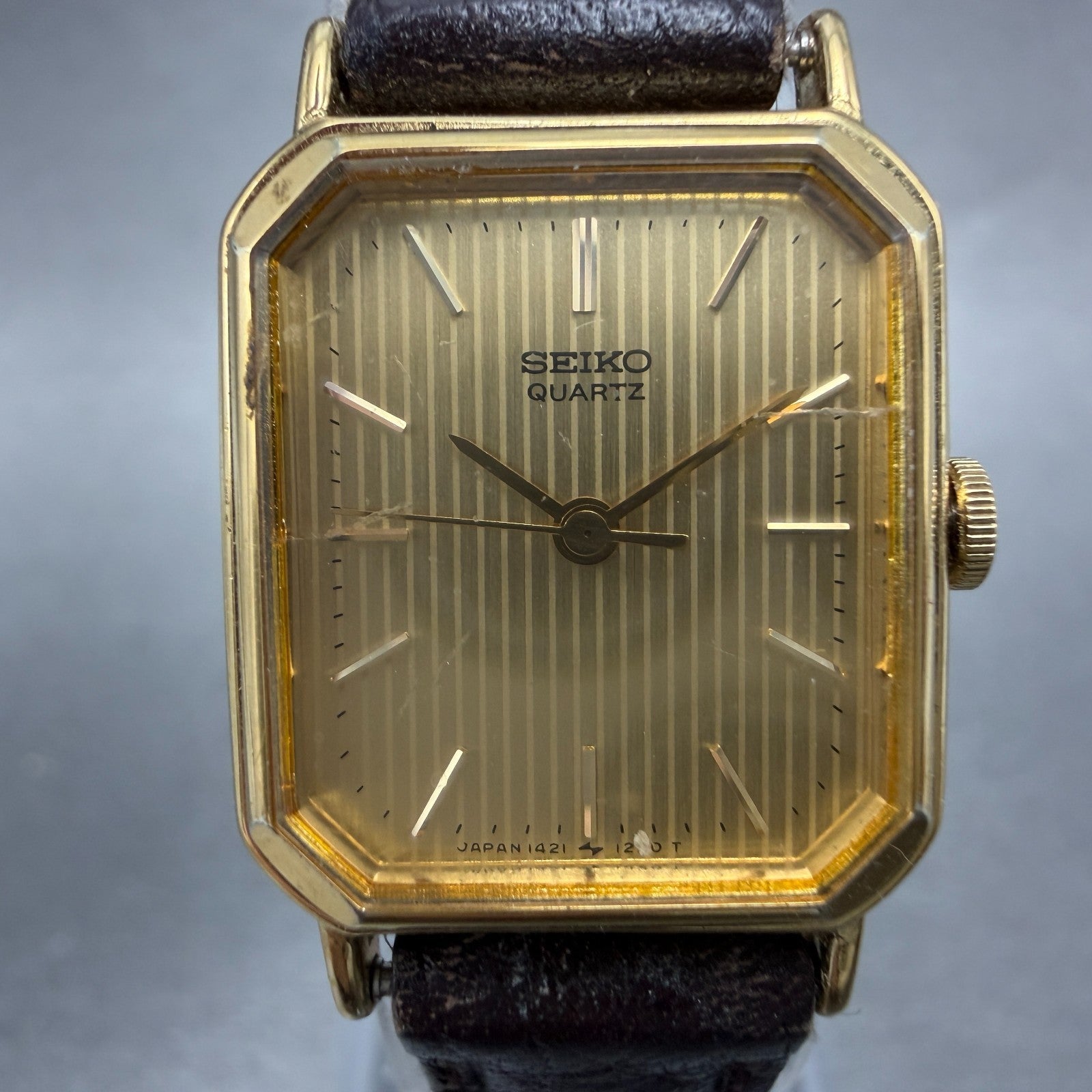 Seiko Tank Watch Women 19mm Champagne Dial Gold Tone 1421-5720 New Battery VTG1