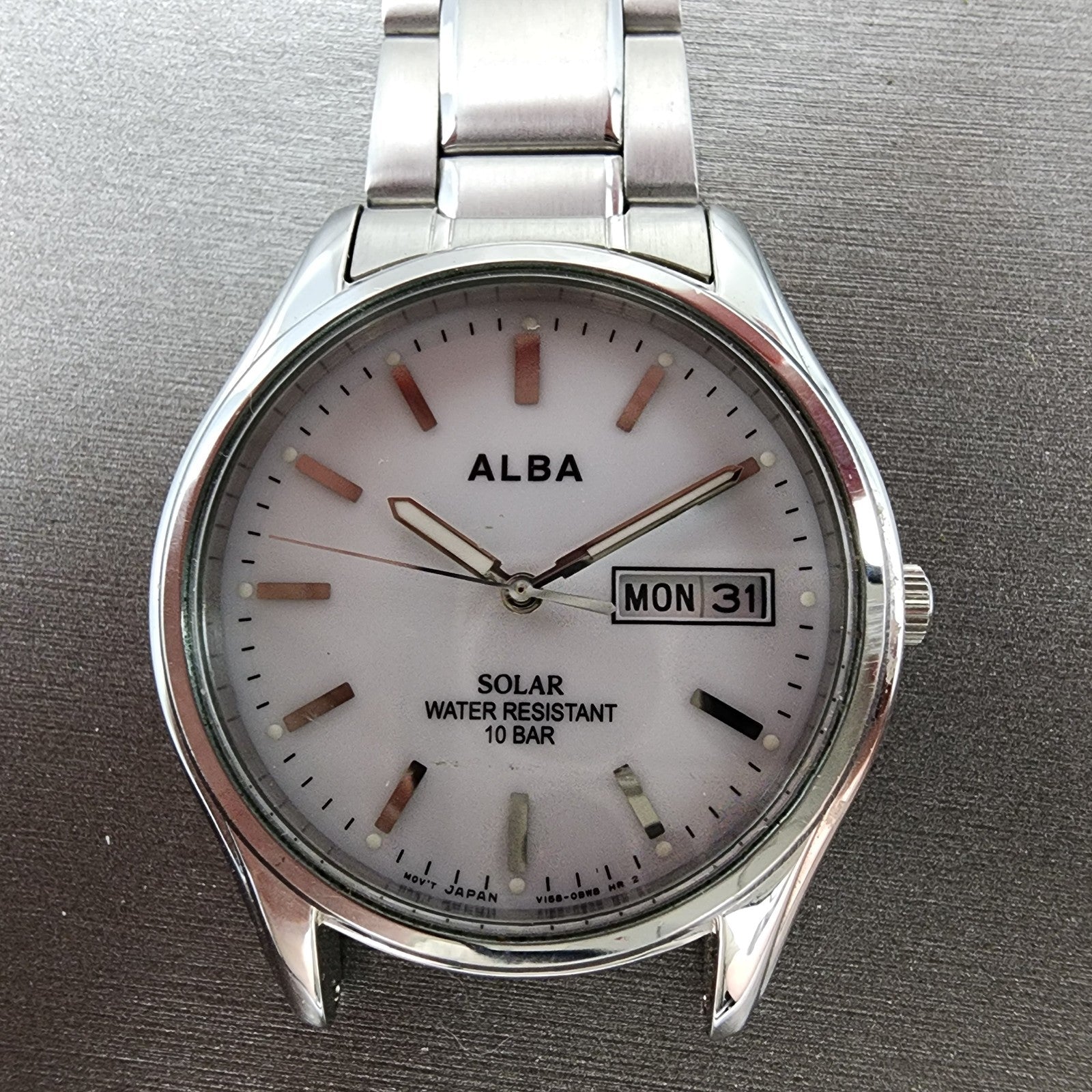 Seiko ALBA Solar Watch Men 36mm White Dial Silver Tone Daydate V158A PARTS2