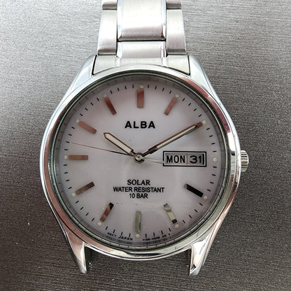 Seiko ALBA Solar Watch Men 36mm White Dial Silver Tone Daydate V158A PARTS2