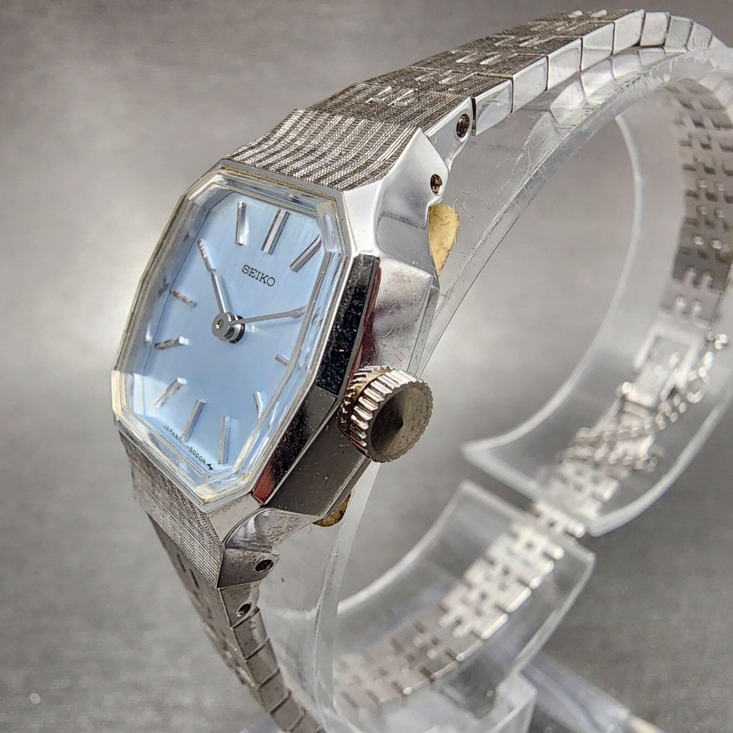 Seiko Watch Women 19mm Blue Dial Silver Tone Rectangle Manual Wind Runs NOS7