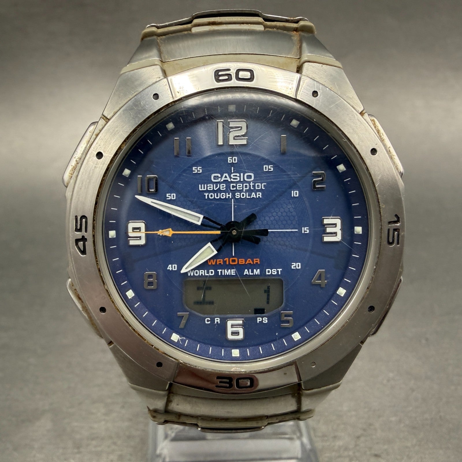 Casio Wave Ceptor Solar Watch Men 42mm Blue Dial Analog Digital Steel Runs0