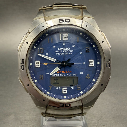 Casio Wave Ceptor Solar Watch Men 42mm Blue Dial Analog Digital Steel Runs0